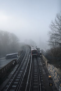 Railroad tracks against clear sky