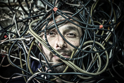 Man under audio cables