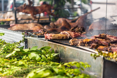 High angle view of meat for sale at market