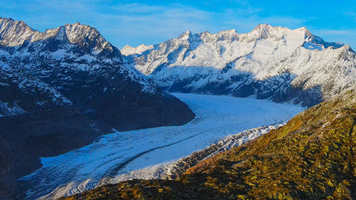 Scenic view of snowcapped mountains against sky