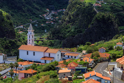 High angle view of buildings in village