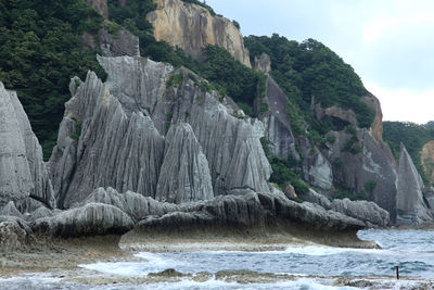 Rock formation on sea shore against sky