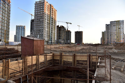 View on the large construction site with tower cranes and buildings. construction 