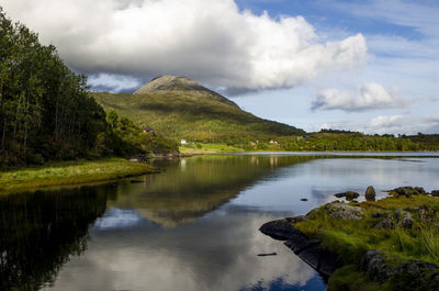 Scenic view of lake and mountains against sky