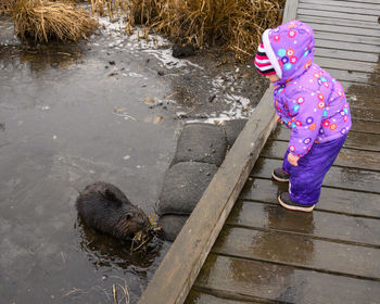 High angle view of girl standing on footbridge