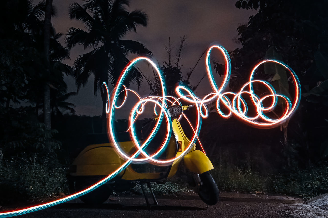 LIGHT PAINTING ON ILLUMINATED TREE AT NIGHT