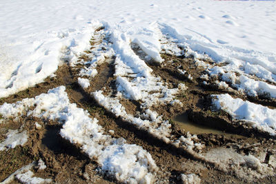 High angle view of snow covered land