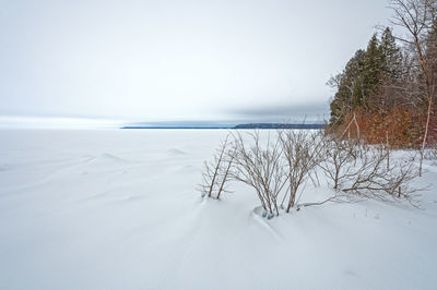 Frozen lakeshore panorama in winter on lake michigan in peninsula state park in wisconsin