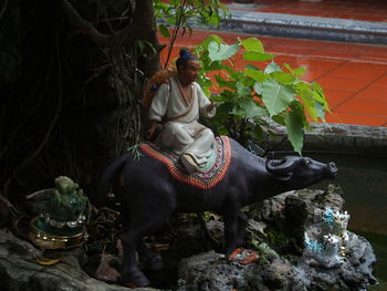 Statue on rock against tree trunk