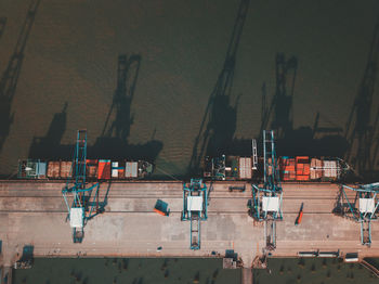 High angle view of freight transportation on sea at port