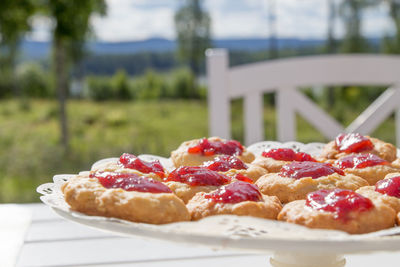 Close-up of dessert served on table