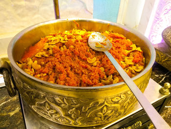 High angle view of food in plate on table