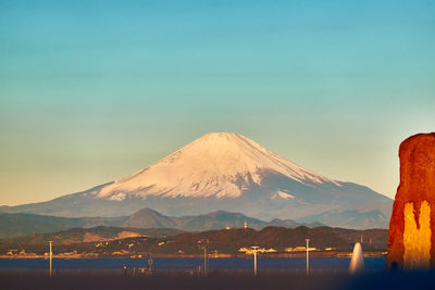 Scenic view of snowcapped mountains against clear sky