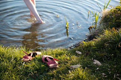 High angle view of shoes on lakeshore