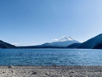 Scenic view of snowcapped mountains against clear blue sky