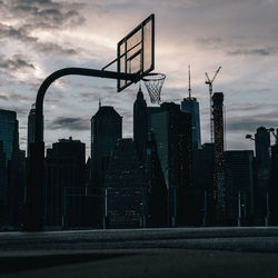 Basketball hoop against buildings during sunset