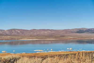 Scenic view of lake against clear blue sky