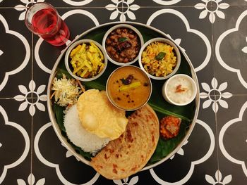 High angle view of meal served on table