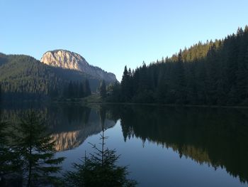 Scenic view of lake and mountains against clear sky