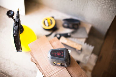 Close-up of equipment on table