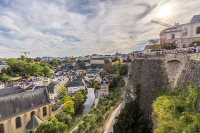 High angle view of buildings in city