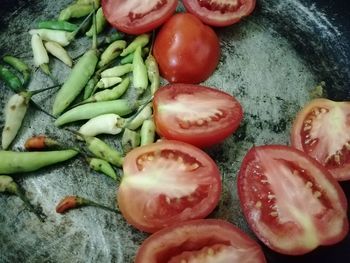 High angle view of chopped fruits and vegetables
