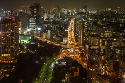 High angle view of illuminated city at night