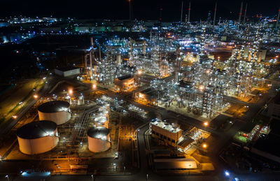 Aerial view of illuminated oil refinery at night