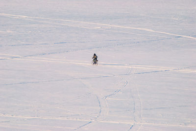 High angle view of person riding bicycle on snowy field