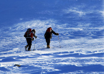 People walking on snow covered land