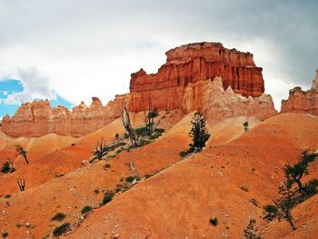 Rock formations on landscape against cloudy sky