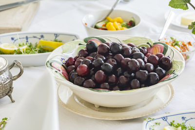 Close-up of red currants in bowl on table