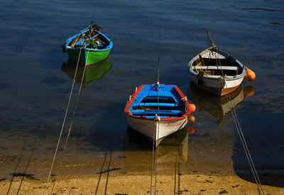 High angle view of ship moored on sea