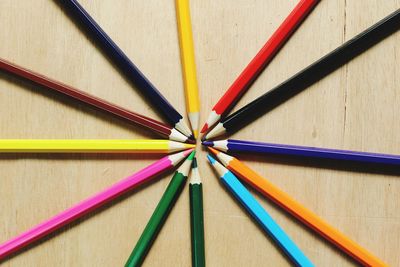 Directly above shot of multi colored pencils on table