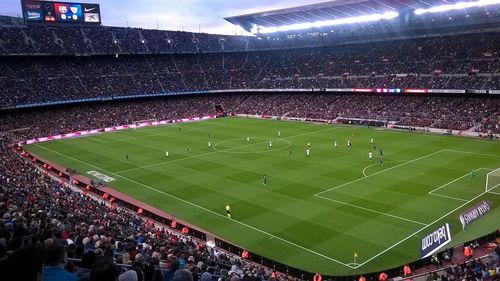 High angle view of people on soccer field