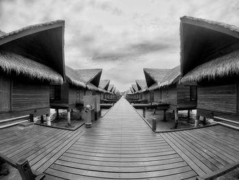 View of empty built structures against cloudy sky