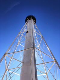 Low angle view of water tower against clear blue sky