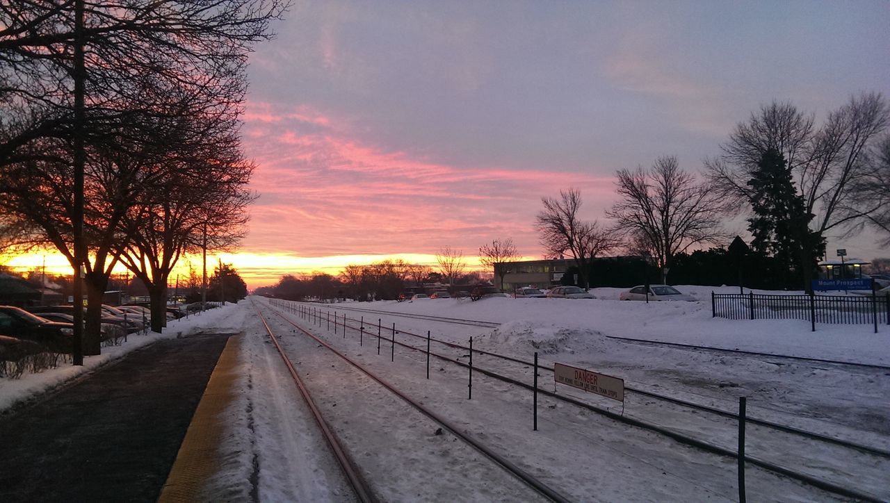 snow, winter, cold temperature, the way forward, bare tree, tree, sunset, season, weather, sky, diminishing perspective, transportation, vanishing point, road, covering, tranquil scene, tranquility, nature, cloud - sky, landscape