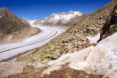 Scenic view of mountains against clear blue sky