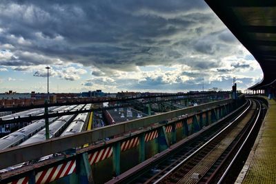 Railroad tracks in city against sky