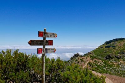 Information sign by mountain against clear blue sky