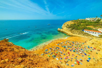 Scenic view of sea against blue sky