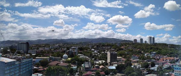 High angle view of buildings against sky