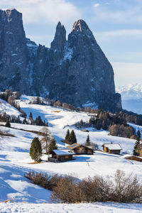 Scenic view of snow covered mountains against sky