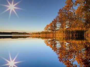 Scenic view of lake against clear sky during autumn