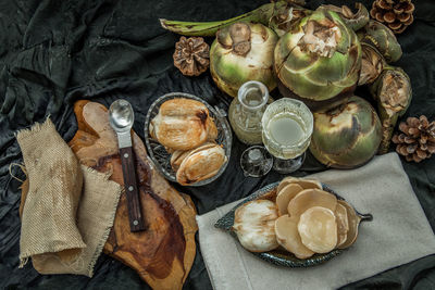 High angle view of breakfast on table