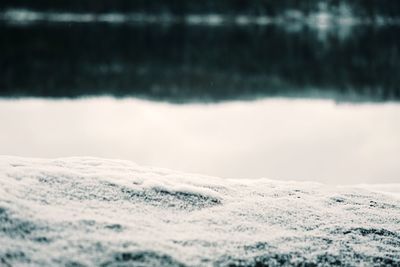 Close-up of snow on shore against sky