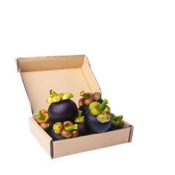 High angle view of fruits in box against white background