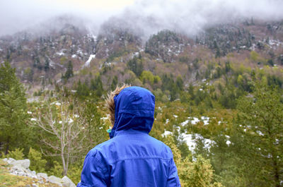 Rear view of man looking at waterfall