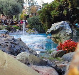 Stream flowing through rocks in garden